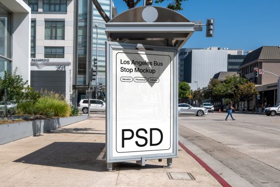 Urban bus stop advertisement mockup in a sunny Los Angeles setting, available in PSD for designers to customize, ideal for realistic display presentations.