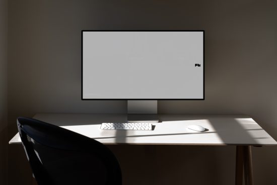 Minimalist workspace with modern computer screen mockup, keyboard, and mouse on a sunlit desk, ideal for designer presentations.