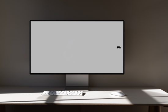 Modern computer monitor on desk with keyboard and mouse, ideal for mockup designs, clean workspace setup, designer office environment.