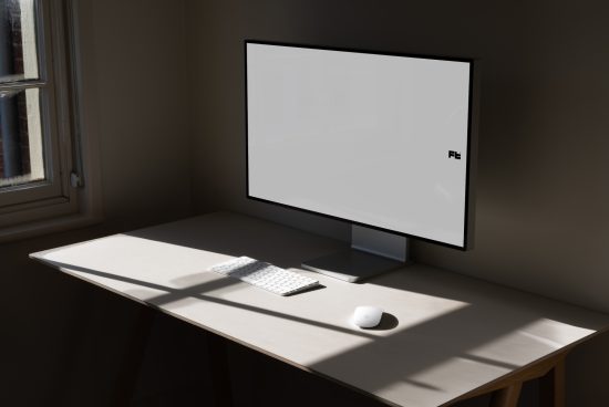 Minimalist workspace with modern computer monitor, keyboard, and mouse on a wooden desk, natural lighting, design mockup setup.