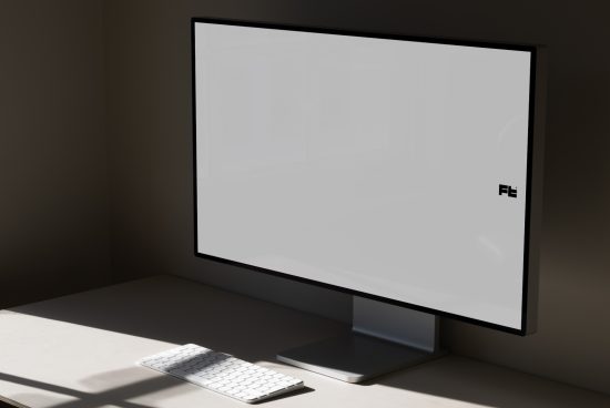 Modern computer monitor on desk with keyboard, designer workspace mockup, clean and minimalistic, digital assets for creative professionals.