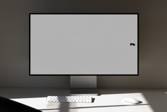 Minimalist computer workspace with blank monitor for mockup design, keyboard and mouse in natural light for template category.