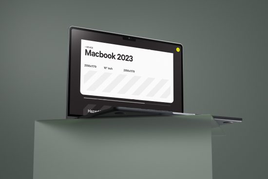 Sleek MacBook 2023 mockup on minimal stand showcasing responsive design, perfect for web designers and digital mockup portfolios.