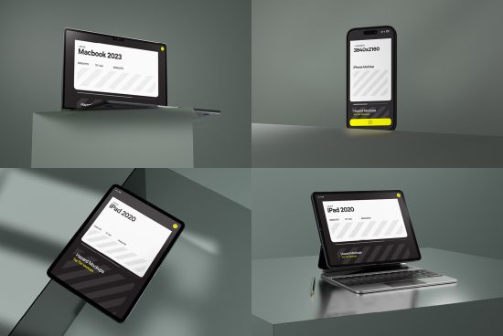 Digital device mockup collection featuring MacBook, iPhone, and iPads in a modern setting, perfect for presentations and design showcases.