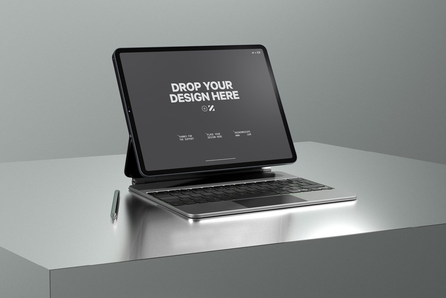 Realistic tablet mockup on desk with keyboard for app and website design presentation in a professional setting, customizable digital asset.