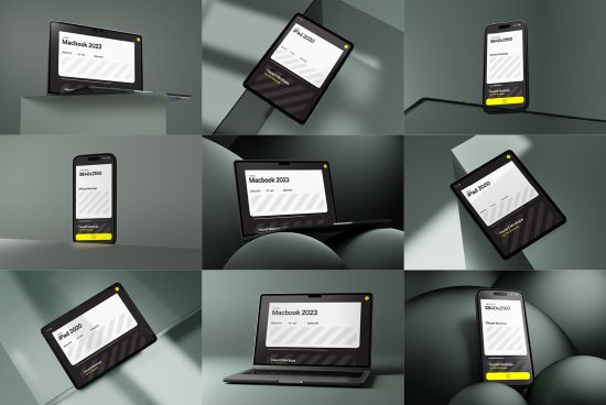 Collection of digital device mockups featuring a laptop, tablet, and smartphone in various angles for designers' presentations.