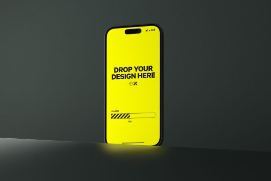 Smartphone mockup template with vibrant yellow screen for app design display on a dark background, ideal for designers' digital asset showcase.