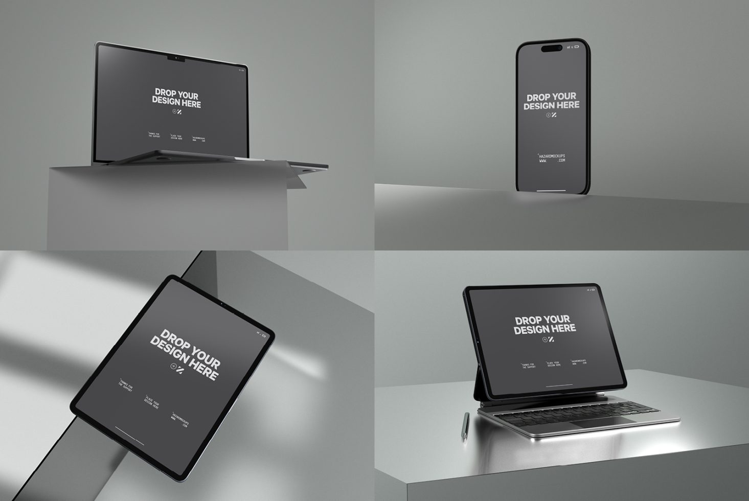 Professional mockup collection featuring laptop, phone, tablet on minimalist backgrounds for web and app design presentations.