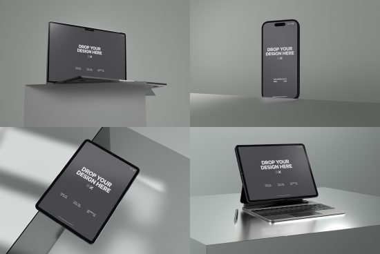 Professional mockup collection featuring laptop, phone, tablet on minimalist backgrounds for web and app design presentations.