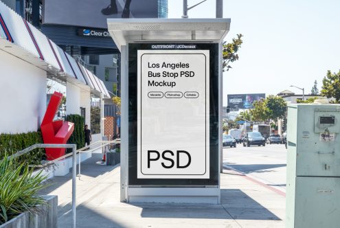 Public transit shelter mockup with customizable design template displayed