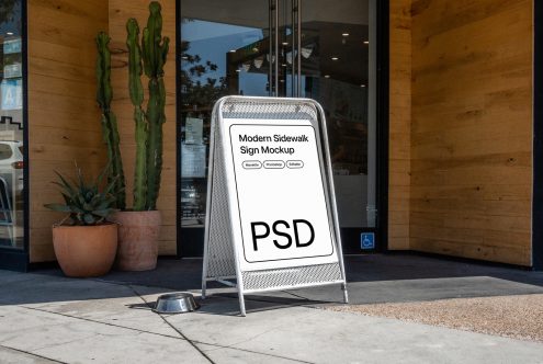 Metal sidewalk sign mockup blank white surface, potted cacti, wooden storefront