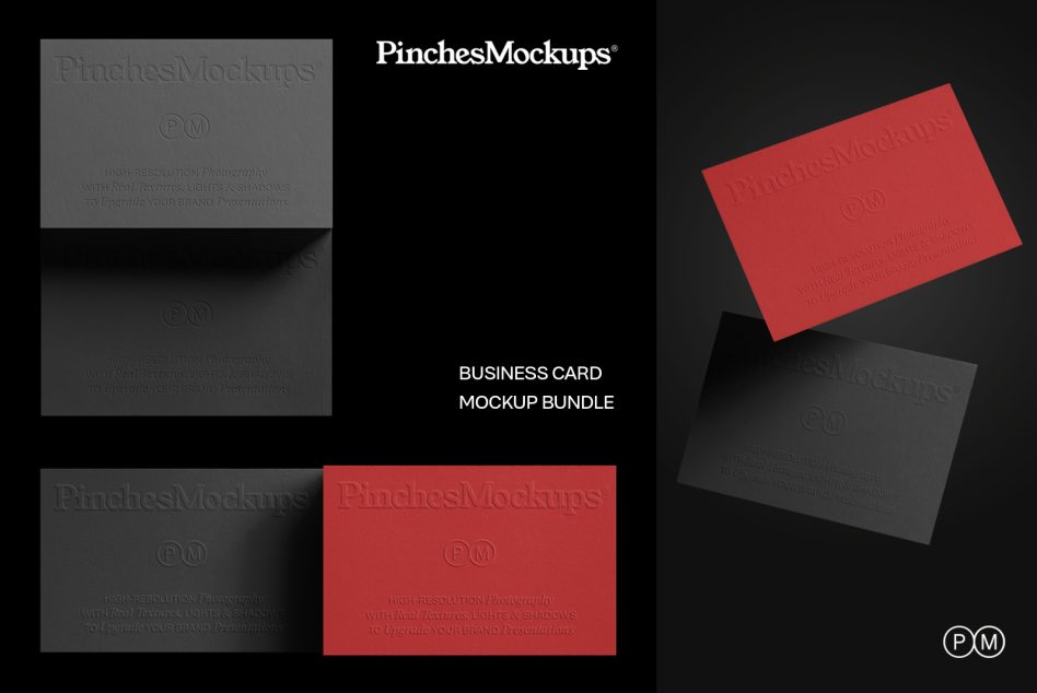 Business card mockup bundle display with gray, red cards, letterhead in various angles