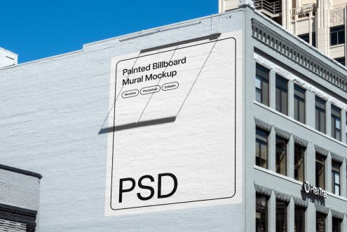 White billboard mockup with rounded border frame showing PSD file format