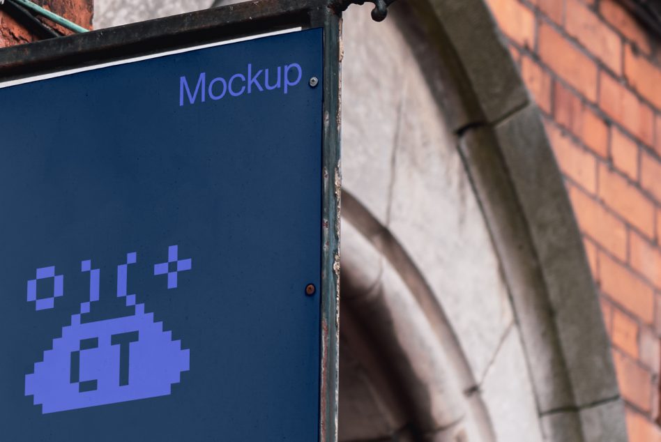Close up navy sign with pixel art logo on building exterior mockup