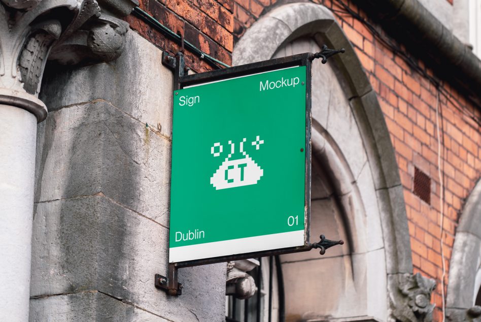 Green swing sign on brick building with ornamental architecture mockup