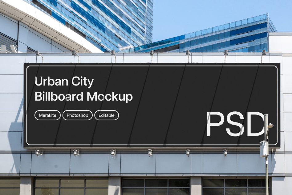 Dark billboard mockup on modern building facade with rounded border frame
