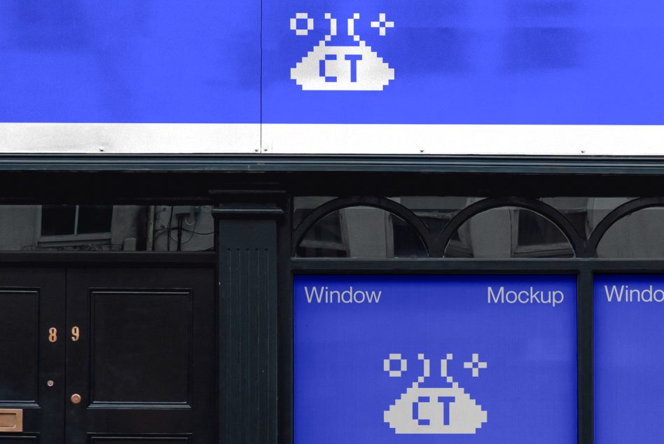 Storefront window mockup with blue signage displaying retro pixel art icon