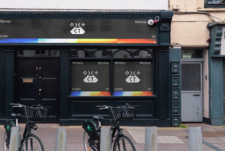 Shop windows with colorful test pattern bars on digital signage mockup