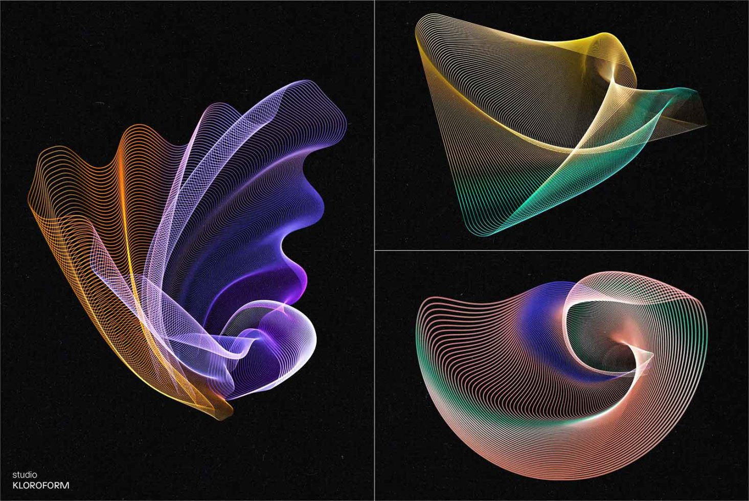 Set of 4 colorful abstract wave graphics ideal for backgrounds, layer styles, or complex patterns for design projects in the Graphics category.