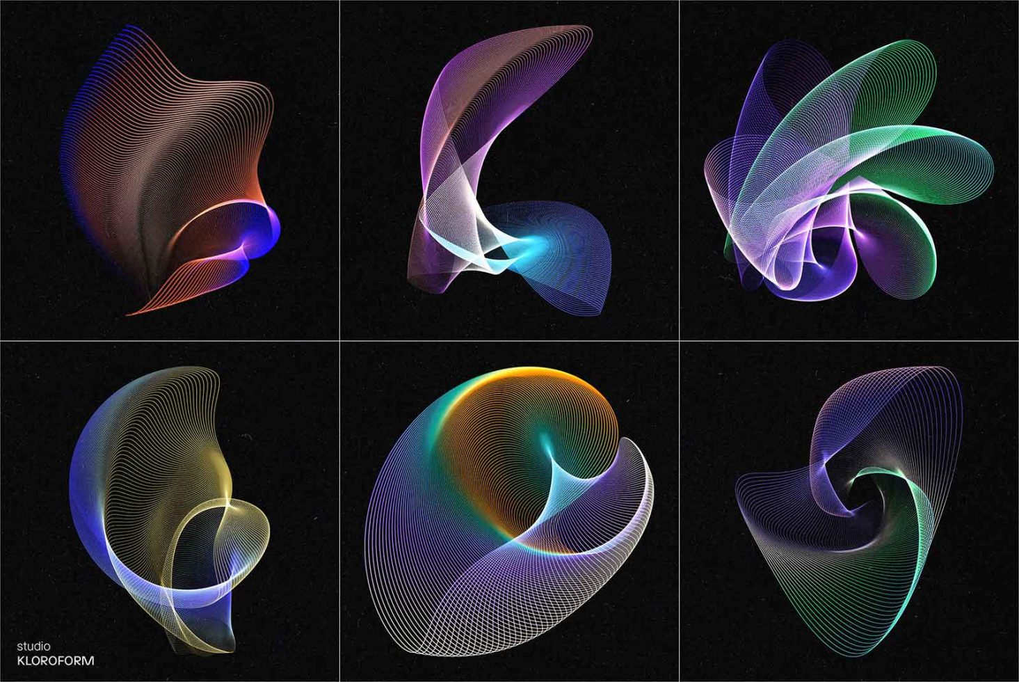 Collection of six colorful abstract wave graphics suitable for backgrounds, dynamic design elements in digital art projects for designers and creatives.