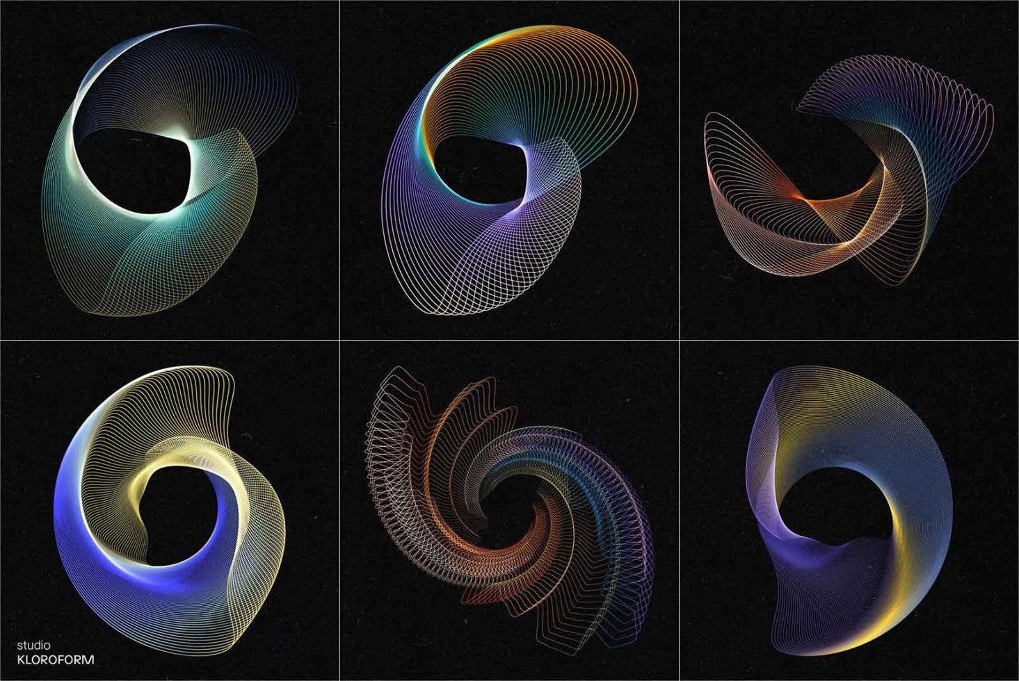 Abstract 3D graphics collection with dynamic wave line patterns in gradient colors, perfect for backgrounds or layering, modern design.