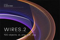 Neon wireframe flowing curves in blue, purple, orange on black background