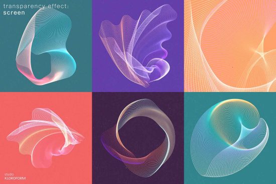 Abstract gradient mesh designs with transparency effect, vibrant colors, ideal for graphics, templates, and digital art creations.