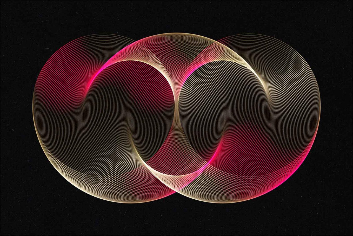 Abstract glowing lines forming three intersecting circles with pink highlights on a dark background, ideal for modern graphics and templates designs.