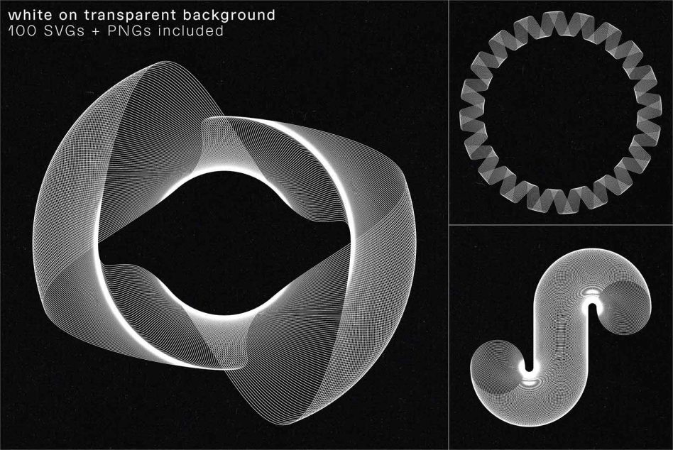 Three abstract vector line art designs on transparent backgrounds, including circle formations, suitable for modern graphics and template elements.