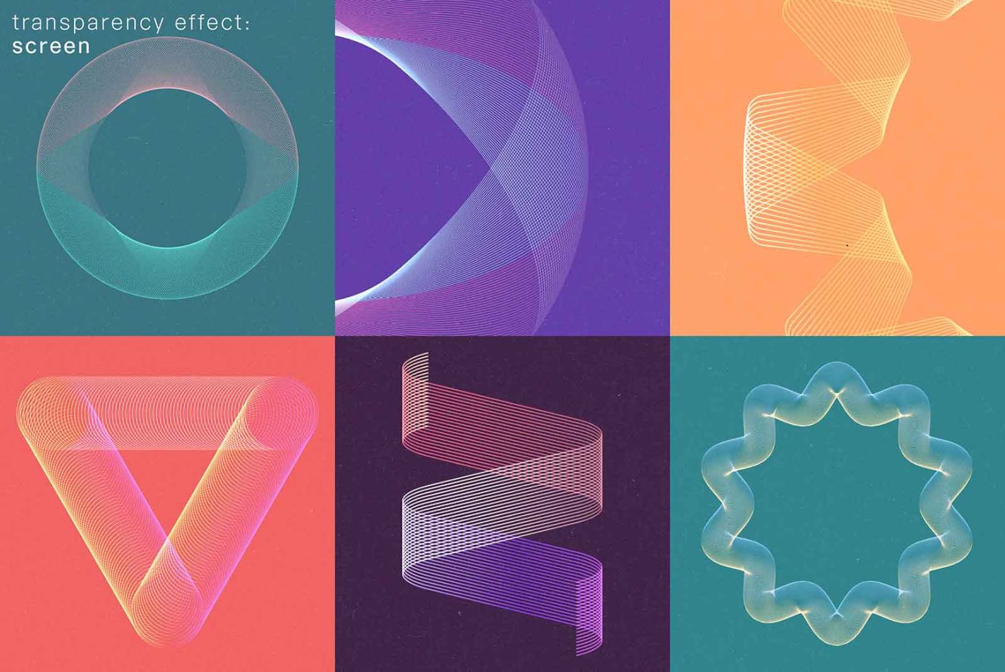 Set of six abstract graphics with screen transparency effect, vibrant gradients, and geometric shapes for design backgrounds or templates.