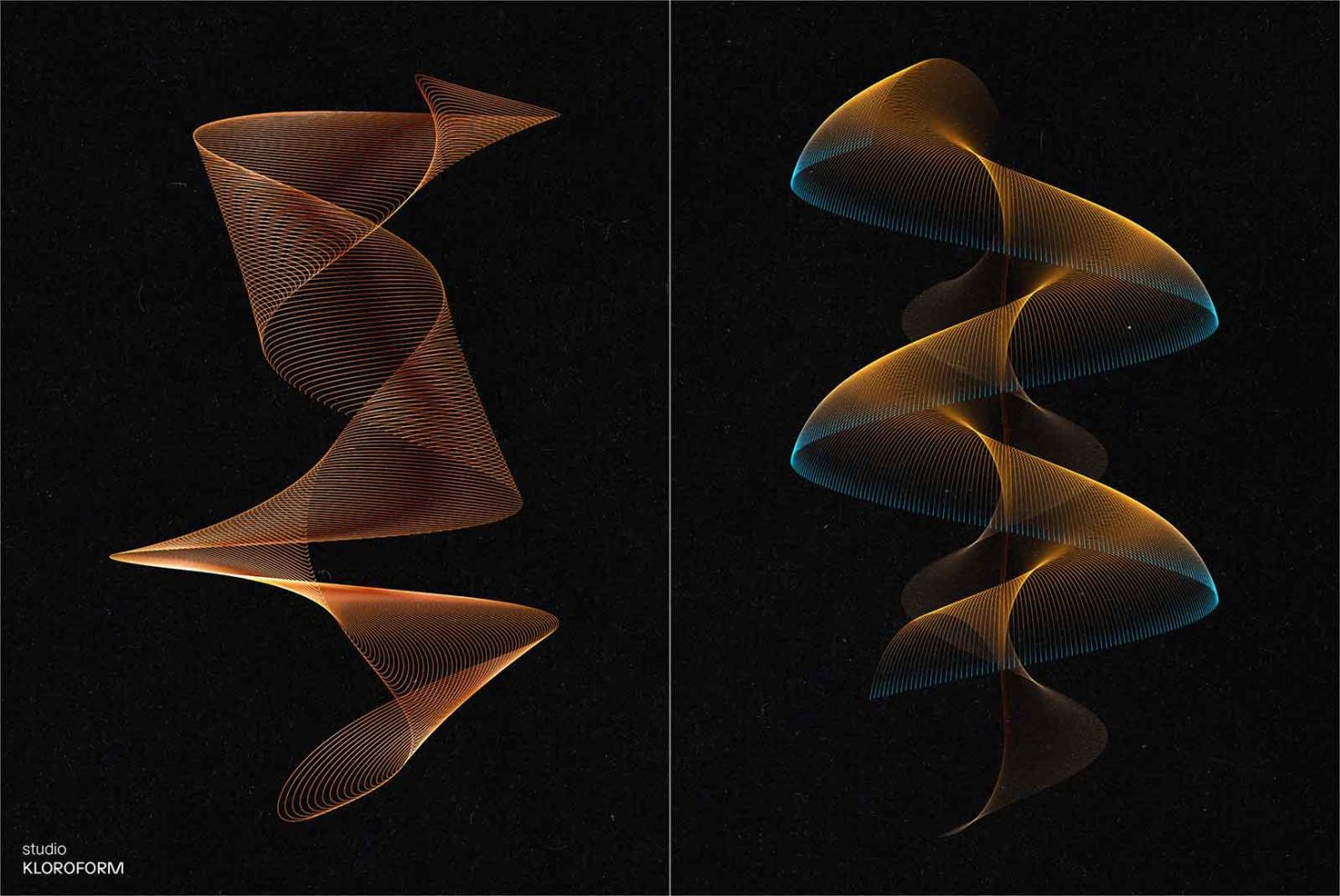 Two abstract 3D graphics with twisted ribbon shapes in orange and blue gradients against a black background, ideal for modern design templates.