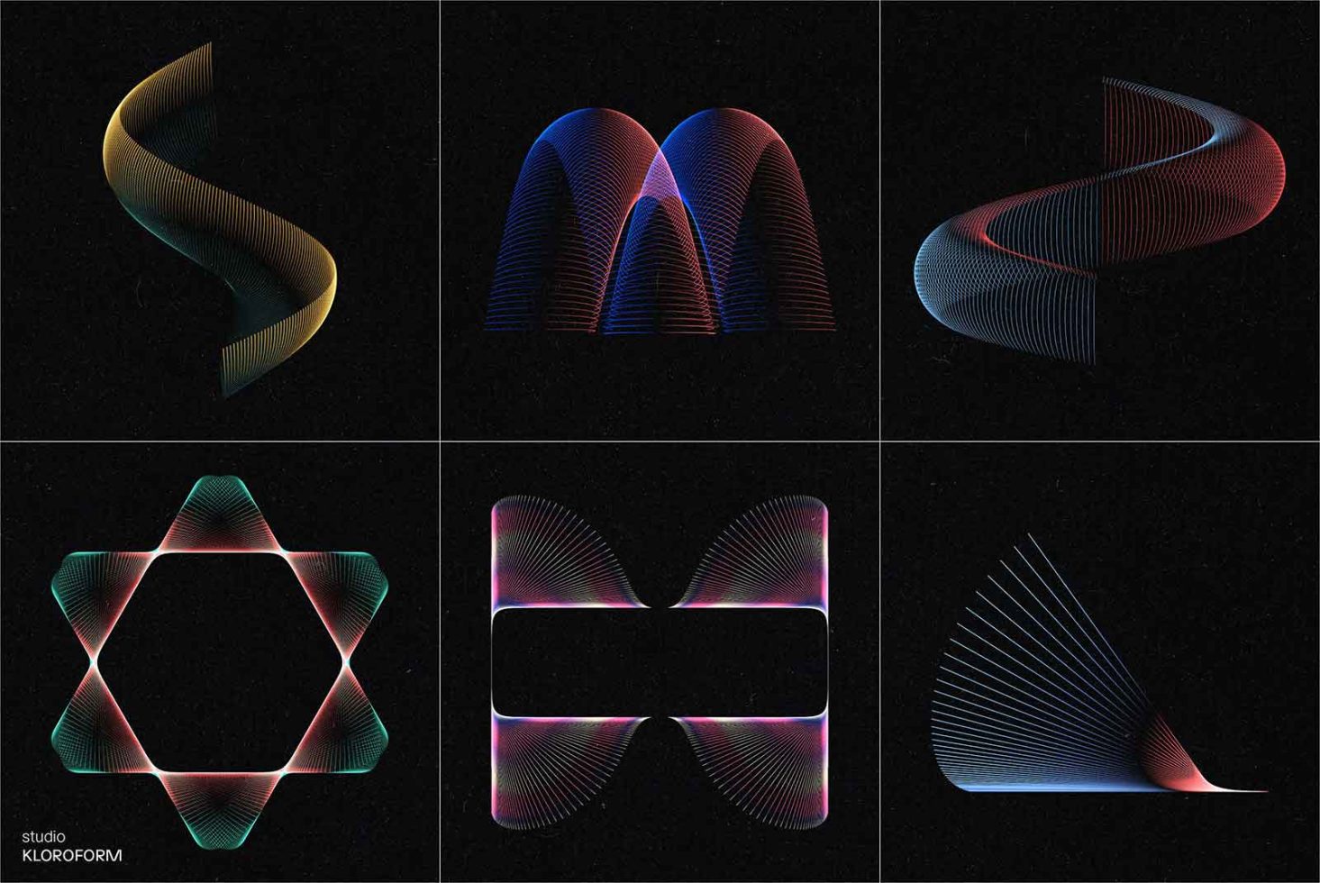 Collection of six abstract digital art designs with neon gradient lines on a dark background, ideal for graphics, templates, and backgrounds.