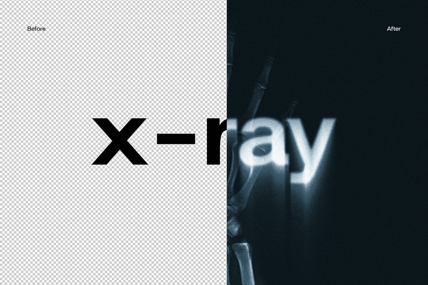 Split-screen image showing a font effect transition from plain 'X' to a stylized 'X-ray' text with mockup gradient overlay.