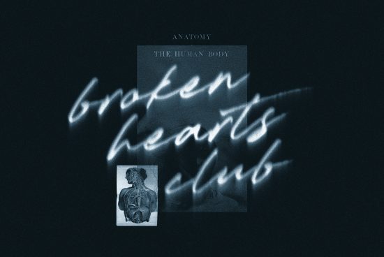 Dark moody graphic with neon script text 'broken hearts club' and classical anatomy illustration, ideal for edgy template design or art mockup.
