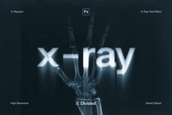 Photoshop X-ray text effect mockup with skeleton hand graphic, high resolution, and editable smart object layer.