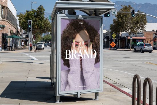Mockup of a bus stop advertisement with urban setting, showcasing a fashion brand poster template, perfect for designers creating outdoor ad presentations.