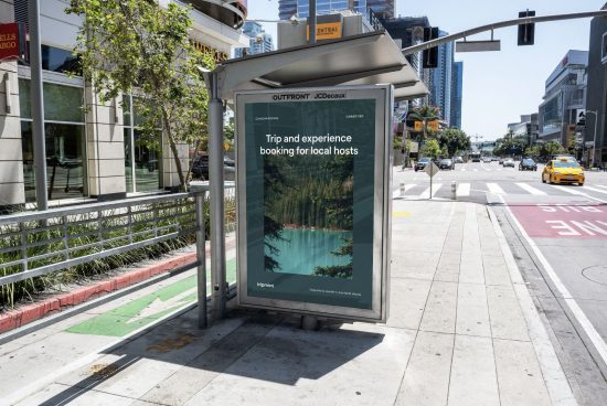 Urban bus stop billboard mockup on sunny street with advertisement design, cityscape background, clear skies, realistic shadows, editable template.