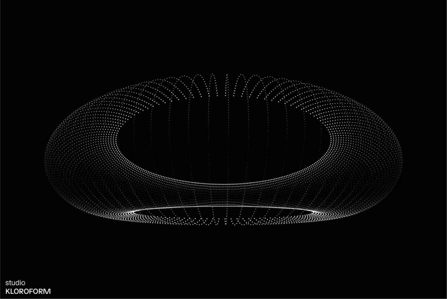 Abstract 3D black and white torus knot made of particles, perfect for graphic design, background template, futuristic digital asset.