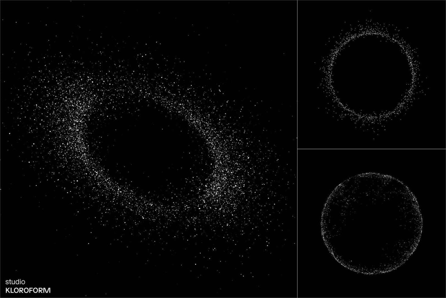 Particle dispersion effect graphics with concentric circles and scattered dots in varying densities on a black background, ideal for mockups and design elements.