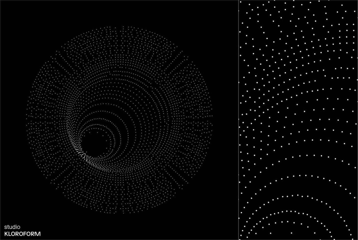 Abstract halftone patterns with white dots on black creating spiral and circular designs, ideal for background graphics and templates.