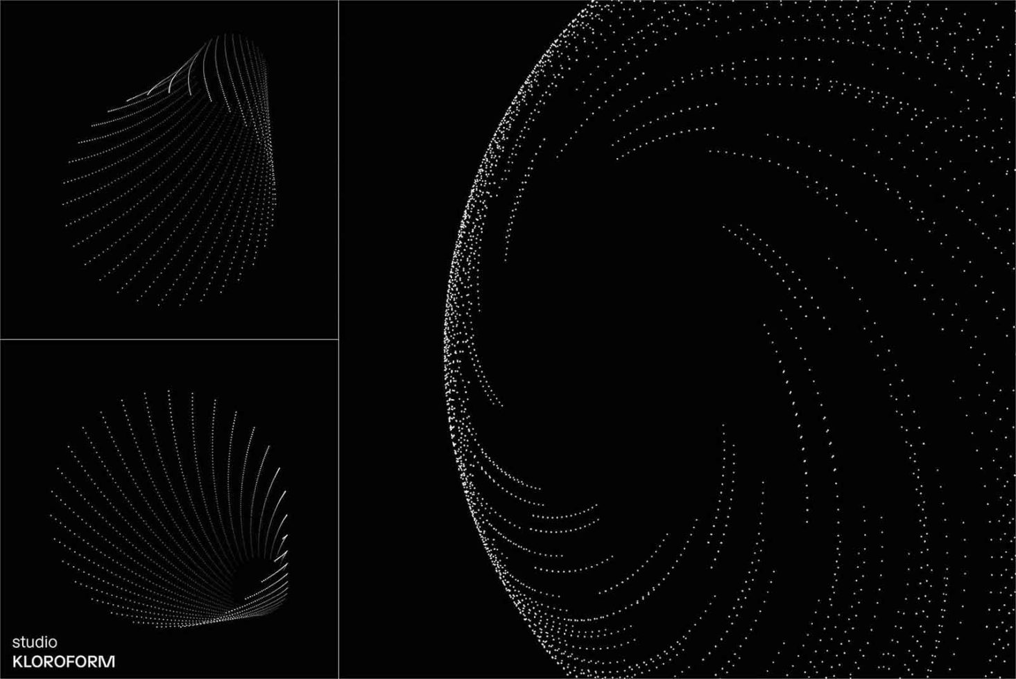 Abstract black and white geometric vector graphics with dotted spiral and wave patterns for modern design projects labeled studio KLOROFORM.