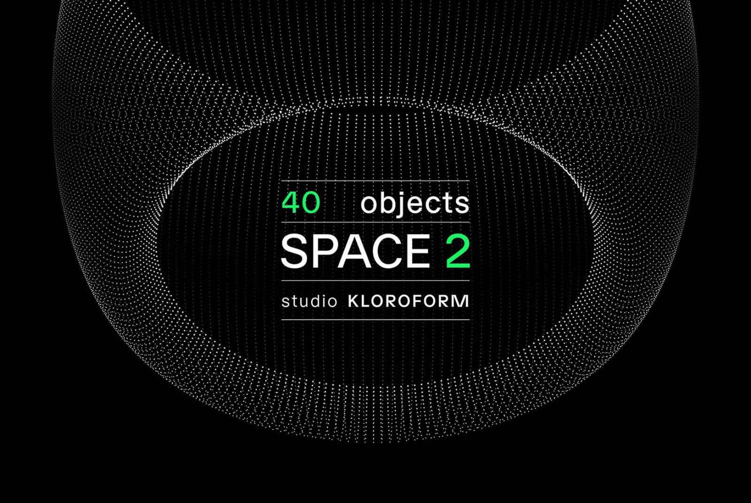 Modern black abstract halftone graphics design, titled SPACE 2 with 40 objects by studio KLOROFORM, ideal for creative templates.