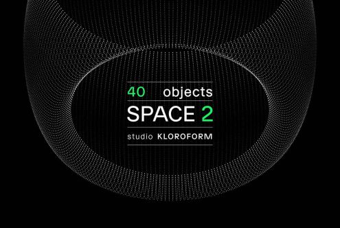 Modern black abstract halftone graphics design, titled SPACE 2 with 40 objects by studio KLOROFORM, ideal for creative templates.