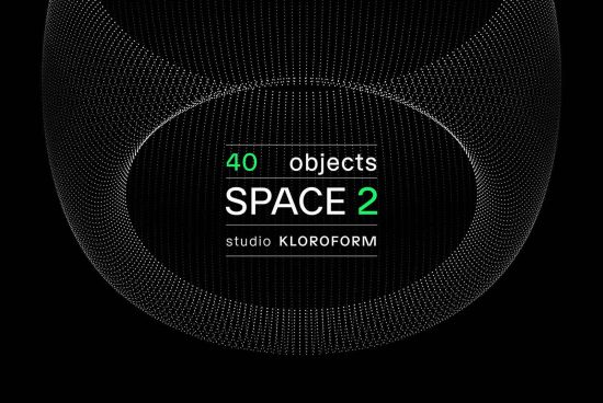 Modern black abstract halftone graphics design, titled SPACE 2 with 40 objects by studio KLOROFORM, ideal for creative templates.