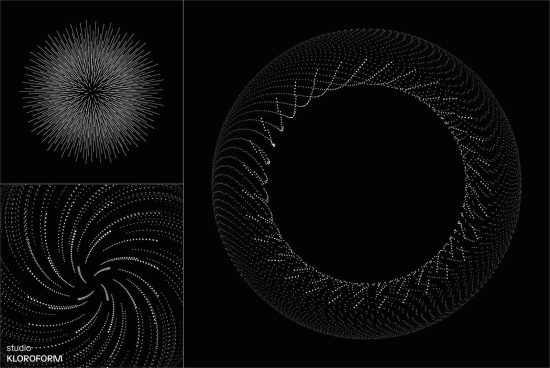Black and white abstract vector graphics set with dynamic particle lines and dotted swirls, suitable for modern design elements in templates.