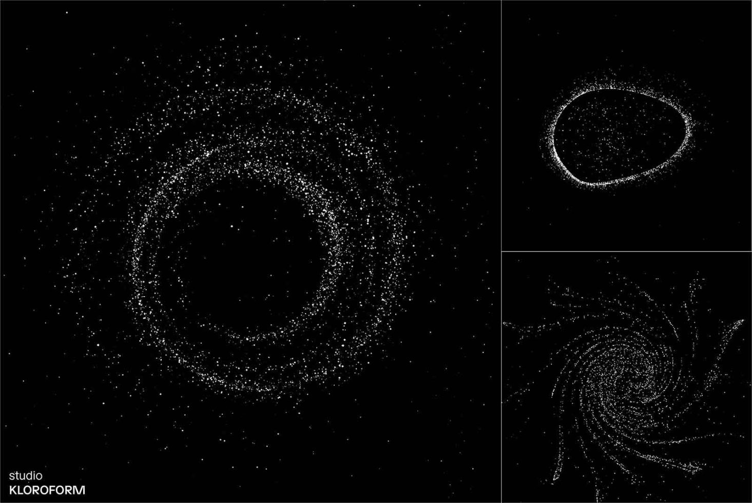 Particle system designs with swirls and clusters, ideal for graphics category, cosmic vector backgrounds, digital asset for space-themed design.