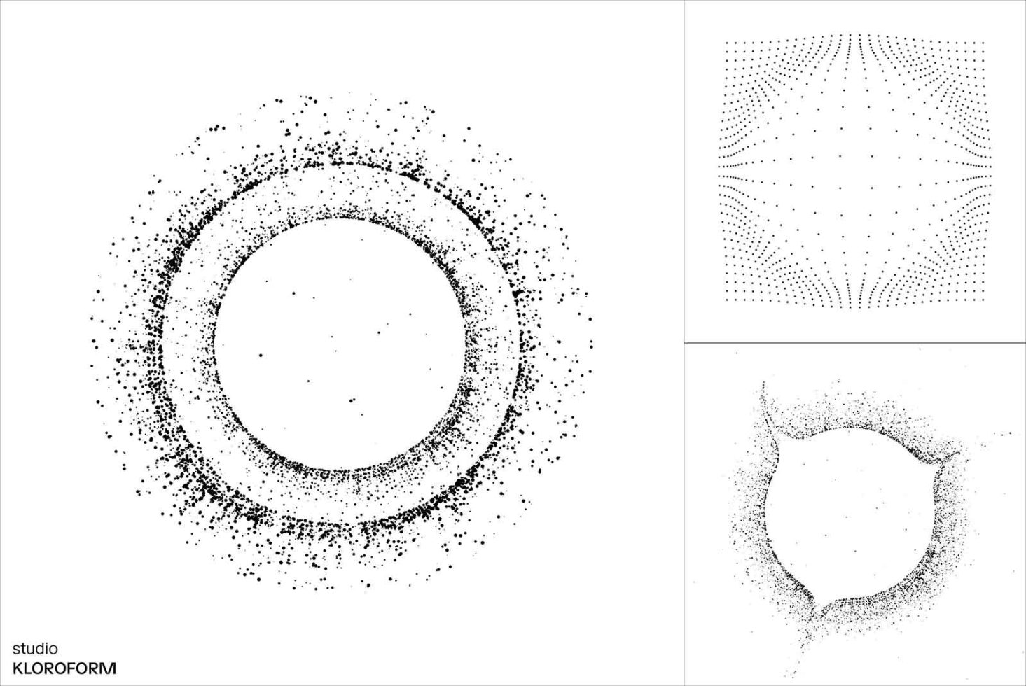 Vector particle dispersion templates featuring three distinct designs ideal for backgrounds in graphics and web design projects.