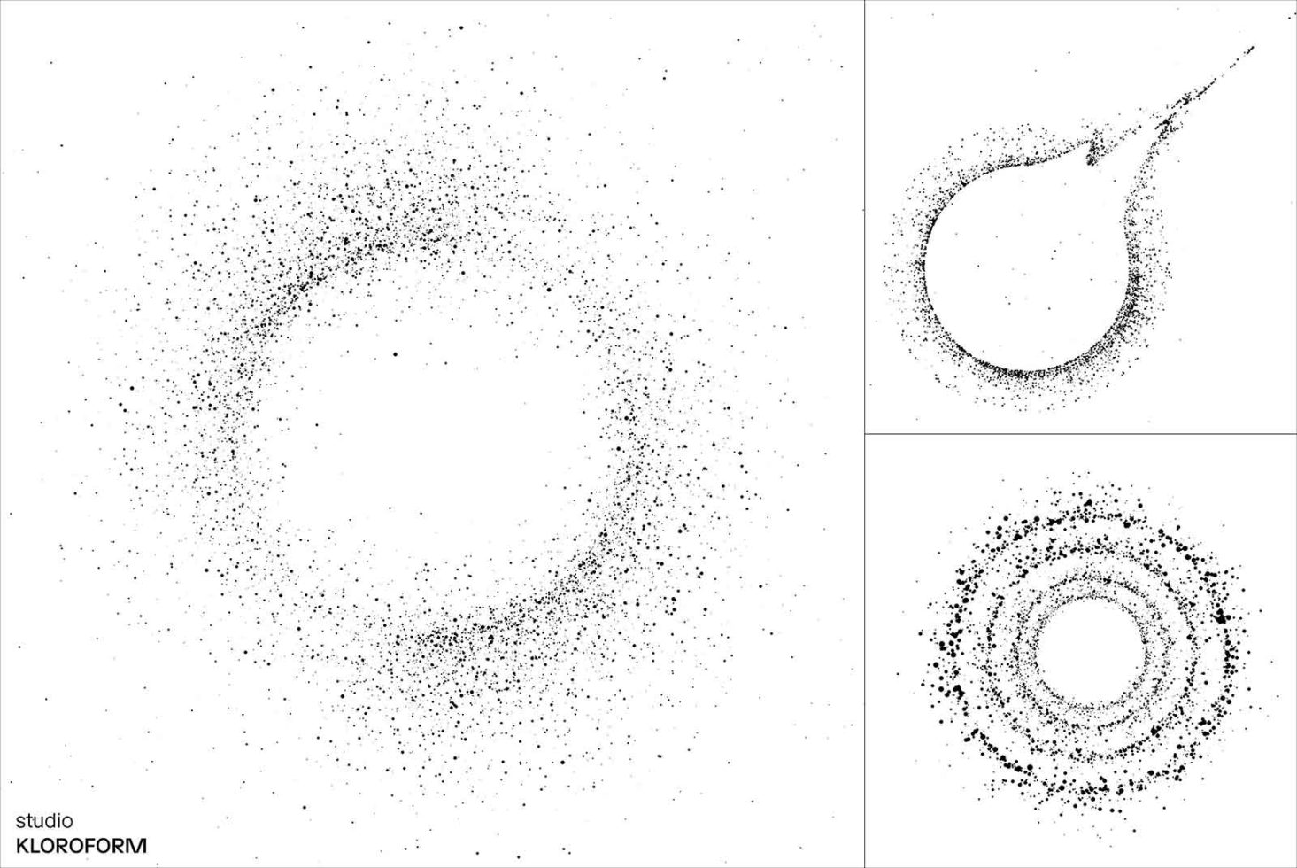 Particle dispersion effect graphics with dynamic dots in spiral, swirl, and circular patterns, perfect for creative design projects.