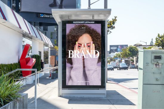 Street billboard mockup featuring a woman with hands over eyes for brand advertisement in an urban setting, perfect for design presentations.