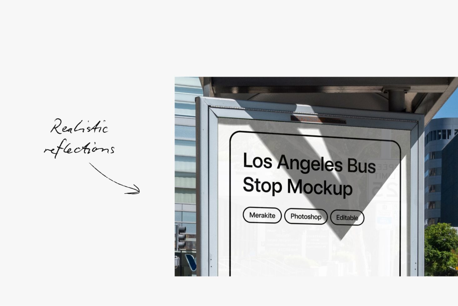 Los Angeles bus stop advertisement billboard mockup with realistic reflections for graphic designers, editable photoshop template.